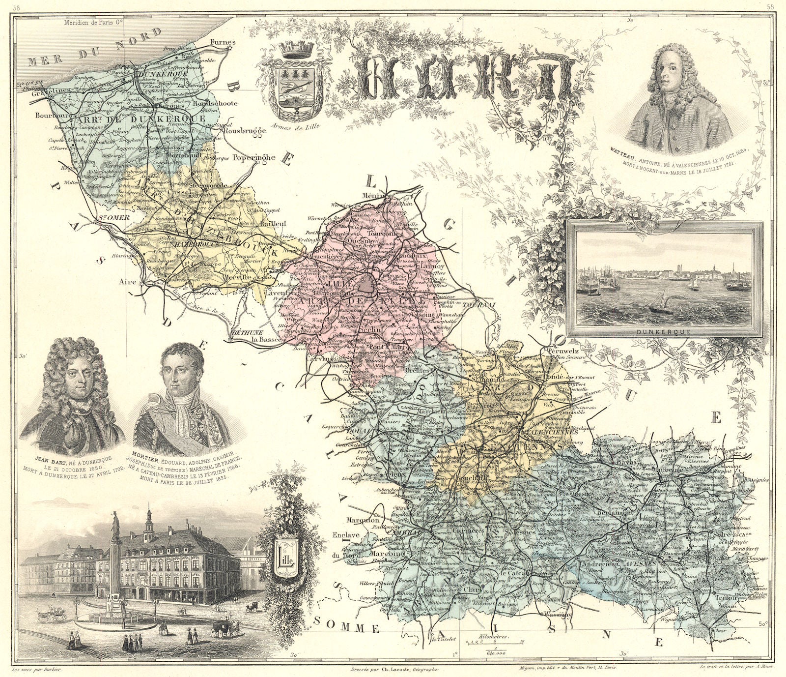 NORD. Nord département.  Lille Dunkerque vignette. Vuillemin 1903 old map